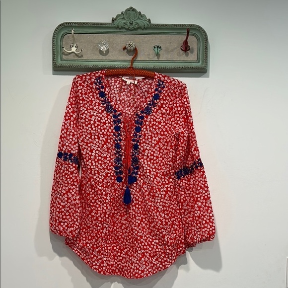Solitaire Tops - Solitaire Red / White Long Sleeve Tunic with blue embroidered bohemian top small
